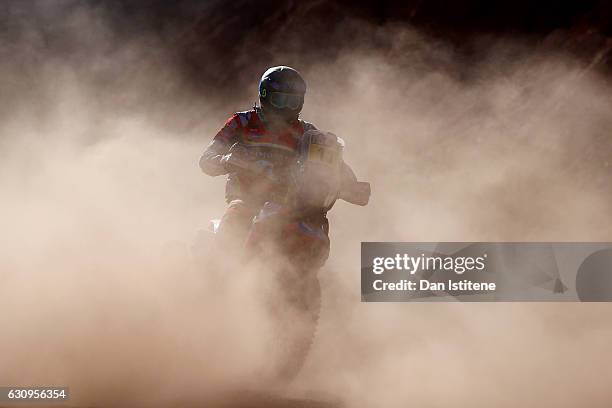 Joan Barreda Bort of Spain and HRC Honda rides a CRF450Rally Honda bike in the Elite ASO during stage three of the 2017 Dakar Rally between San...