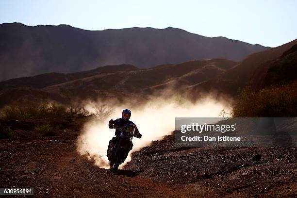 Toby Price of Australia and Red Bull KTM Team rides a 450 Rally Replica bike in the Elite ASO during stage three of the 2017 Dakar Rally between San...