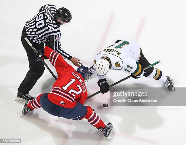 Domenic Commisso of the Oshawa Generals takes a faceoff against Owen MacDonald of the London Knights during an OHL game at Budweiser Gardens on...