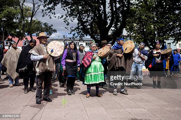 Members of mapuche communities during the demonstration in Temuco, Chile on 4 January 2016. With traditional prayers and a march to mark the 9 years...
