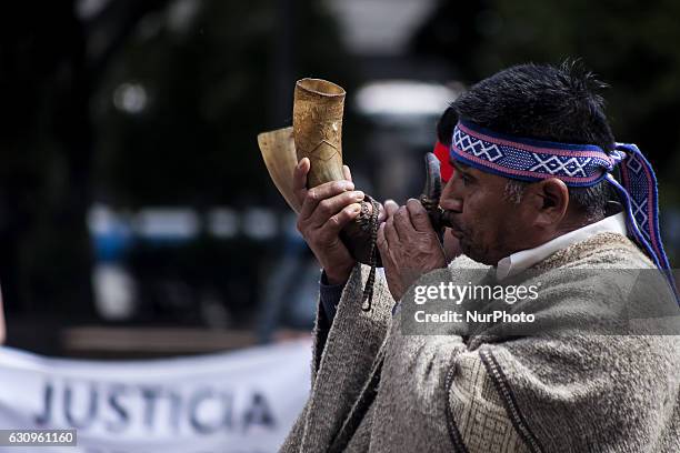 Members of mapuche communities during the demonstration in Temuco, Chile on 4 January 2016. With traditional prayers and a march to mark the 9 years...