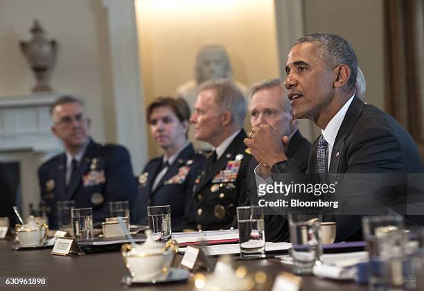President Barack Obama, speaks during his last meeting with the Joint Chiefs of Staff and combatant commanders at the White House in Washington,...