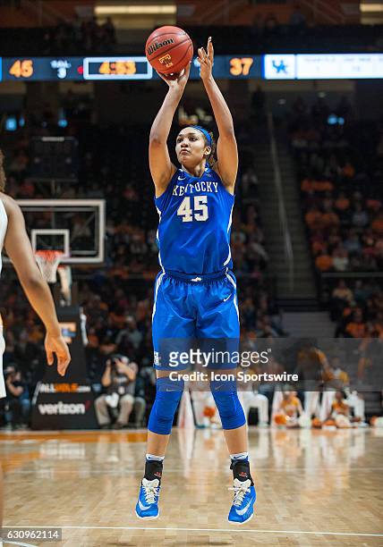 Kentucky Wildcats center Alyssa Rice takes a shot during a game between the Tennessee Lady Volunteers and Kentucky Wildcats on January 1 at...