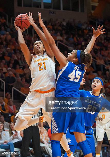 Tennessee Lady Volunteers center Mercedes Russell takes a shot over Kentucky Wildcats center Alyssa Rice during a game between the Tennessee Lady...