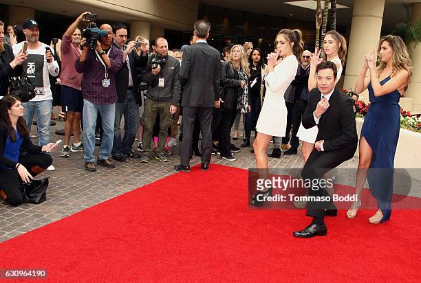 Sophia Stallone; Sistine Stallone; Scarlet Stallone and Jimmy Fallon attend the 74th Annual Golden Globe Awards Preview Day at The Beverly Hilton...