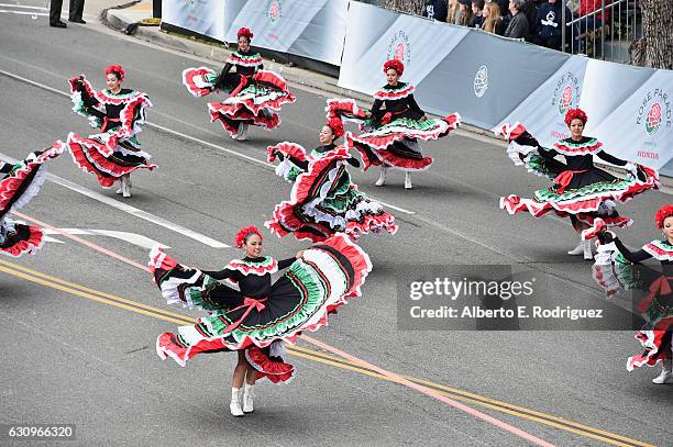 Members of the Escuela Secundaria Tecnica Industrial No. 3 Buhos Marching Band, Xalapa, Veracruz, Mexico participate in the 128th Tournament of Roses...