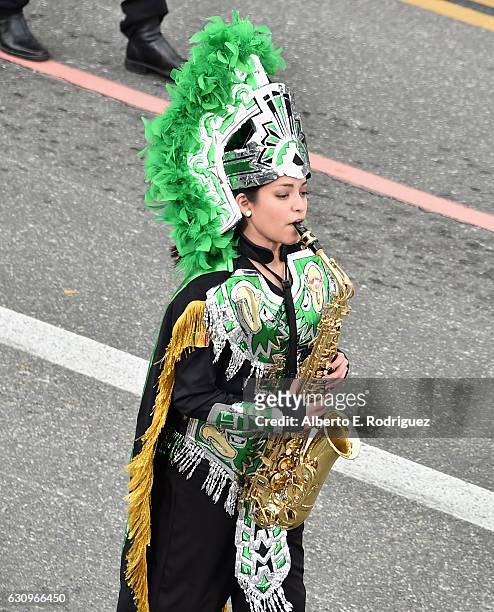Members of the Escuela Secundaria Tecnica Industrial No. 3 Buhos Marching Band, Xalapa, Veracruz, Mexico participate in the 128th Tournament of Roses...