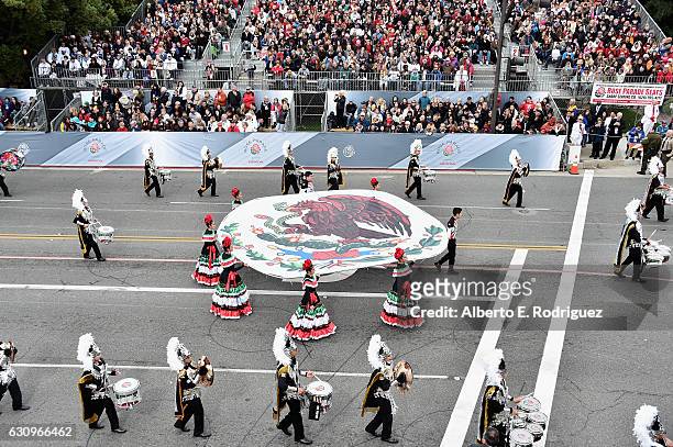 Members of the Escuela Secundaria Tecnica Industrial No. 3 Buhos Marching Band, Xalapa, Veracruz, Mexico participate in the 128th Tournament of Roses...
