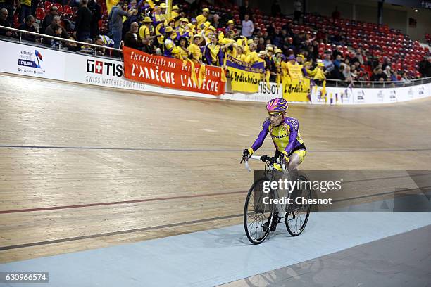 French centenarian cyclist Robert Marchand, aged 105, rides in his attempt to set a one-hour track cycling World record in the over-105 age group at...