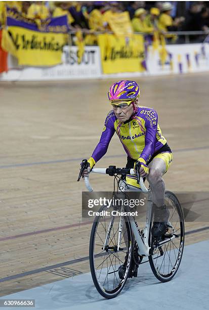 French centenarian cyclist Robert Marchand, aged 105, rides in his attempt to set a one-hour track cycling World record in the over-105 age group at...