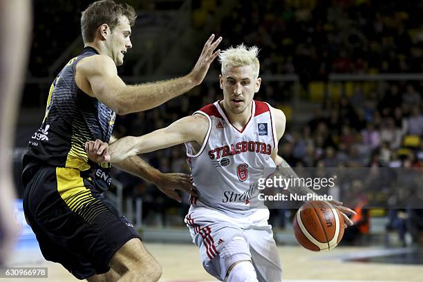 Paul Lacombe 6 in action during Strasbourg IG vs Iberostar Tenerife Basketball Champions League match in Strasbourg, France on 3 January 2017.