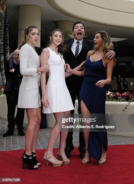 Miss Golden Globe 2017 Sophia Stallone, Sistine Stallone, host Jimmy Fallon and Scarlett Stallone attend the 74th Annual Golden Globes Preview Day at...