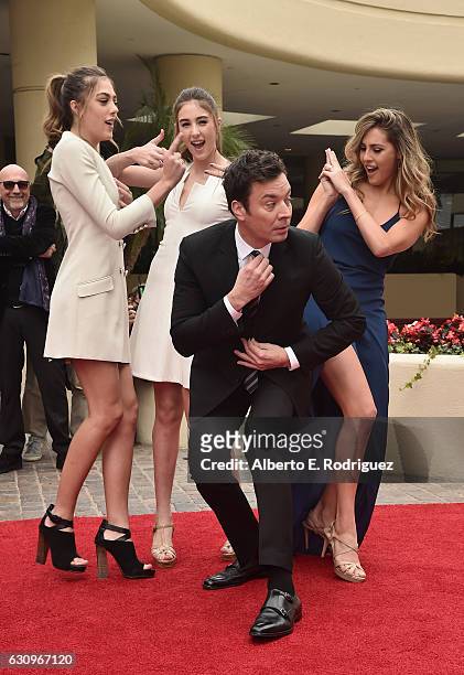 Miss Golden Globe 2017 Sophia Stallone, Sistine Stallone, host Jimmy Fallon and Scarlett Stallone attend the 74th Annual Golden Globes Preview Day at...