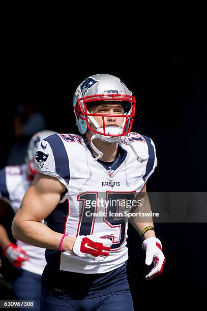 New England Patriots Wide Receiver Chris Hogan leaves the tunnel to warm up on the field before the start of the NFL football game between the New...
