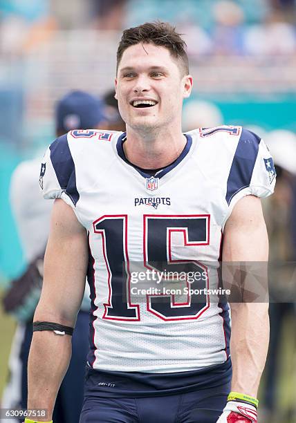 New England Patriots Wide Receiver Chris Hogan smiles on the sidelines during the NFL football game between the New England Patriots and the Miami...