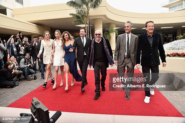 Miss Golden Globe 2017 Sophia Stallone, Sistine Stallone, Scarlett Stallone, HFPA President Lorenzo Soria, host Jimmy Fallon, Executive Producer...