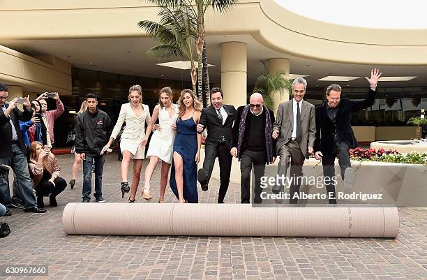Miss Golden Globe 2017 Sophia Stallone, Sistine Stallone, Scarlett Stallone, HFPA President Lorenzo Soria, host Jimmy Fallon, Executive Producer...