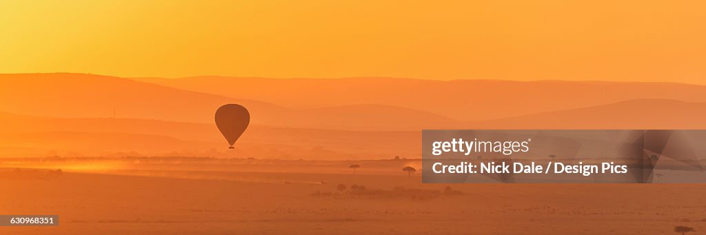 A hot air balloon flies over the African savannah in the orange light before sunrise, with a trail of dust below made by a truck on the ground