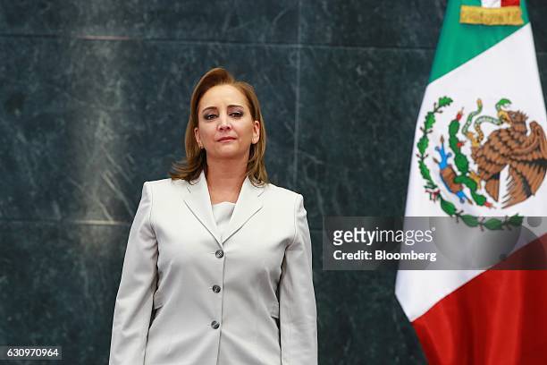 Claudia Ruiz Massieu Salinas, Mexico's former minister of foreign affairs, stands during a press conference at the Los Pinos presidential residence...