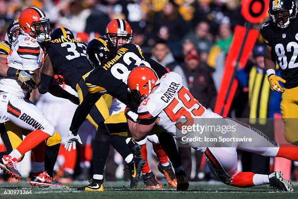 Cleveland Browns Linebacker Tank Carder tackles Pittsburgh Steelers Wide Receiver Cobi Hamilton on a kickoff return during the second quarter of the...