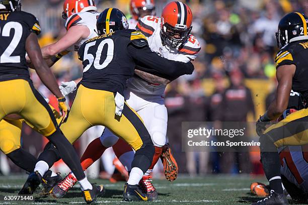 Pittsburgh Steelers Linebacker Ryan Shazier makes a tackle on Cleveland Browns Running Back George Atkinson III during the second quarter of the...