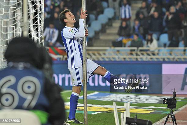 Oyarzabal of Real Sociedad reacts during the Spanish Kings Cup round of 8 finals first leg football match between Real Sociedad and Villarreal at the...