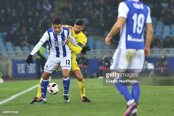 Willian Jose of Real Sociedad duels for the ball with Musacchio of Villarreal during the Spanish Kings Cup round of 8 finals first leg football match...