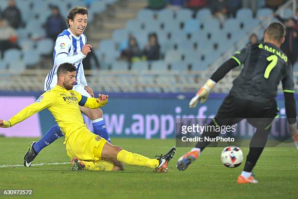 Oyarzabal of Real Sociedad duels for the ball with Musacchio of Villarreal during the Spanish Kings Cup round of 8 finals first leg football match...