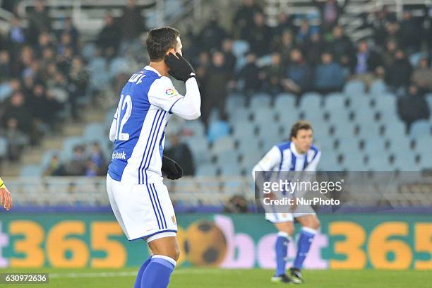 Willian Jose of Real Sociedad reacts after falls on the pitch during the Spanish Kings Cup round of 8 finals first leg football match between Real...