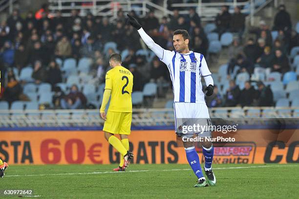 Willian Jose of Real Sociedad reacts during the Spanish Kings Cup round of 8 finals first leg football match between Real Sociedad and Villarreal at...