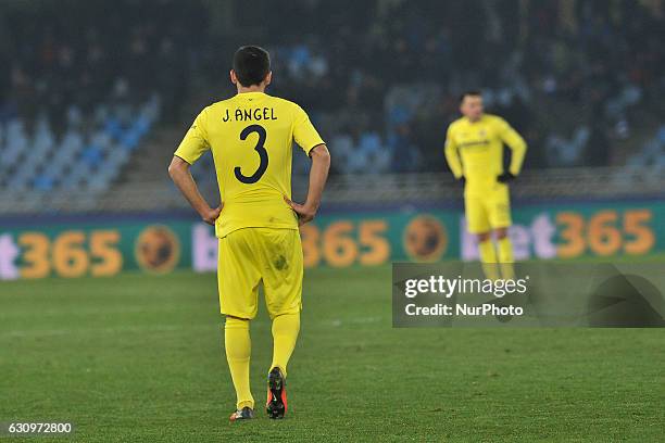 Angel of Villarreal reacts during the Spanish Kings Cup round of 8 finals first leg football match between Real Sociedad and Villarreal at the Anoeta...