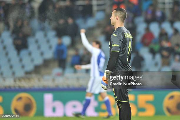 Asenjo of Villarreal reacts during the Spanish Kings Cup round of 8 finals first leg football match between Real Sociedad and Villarreal at the...