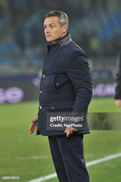 Fran Escriba Segura, head coach of Villarreal, gives instructions during the Spanish Kings Cup round of 8 finals first leg football match between...