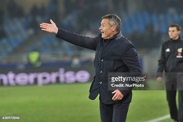 Fran Escriba Segura, head coach of Villarreal, gives instructions during the Spanish Kings Cup round of 8 finals first leg football match between...