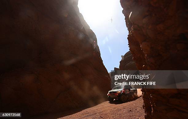 Toyota's pilot Nani Roma and co-pilot Alexandre Haro Bravo, both from Spain, compete during the Stage 3 of the 2017 Dakar Rally between San Miguel de...