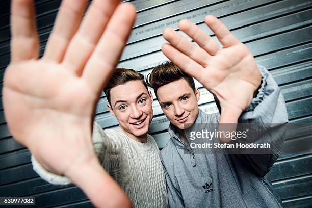 Heiko Lochmann and his twin brother Roman of die Lochis pose during a portrait session at Columbiahalle on January 4, 2017 in Berlin, Germany.