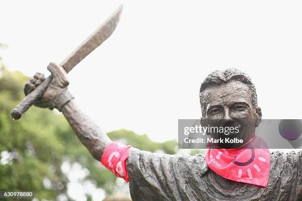 Pink bandana is seen on the SCG Trust's Basil Sellers Sports Sculptures Project sculpture of Syeve Waugh as part of Jane McGrath Day during day three...