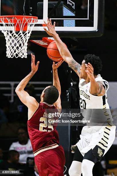 Wake Forest Demon Deacons forward John Collins blocks a shot by Boston College Eagles guard Jordan Chatman on January 3, 2017 at Lawrence Joel...