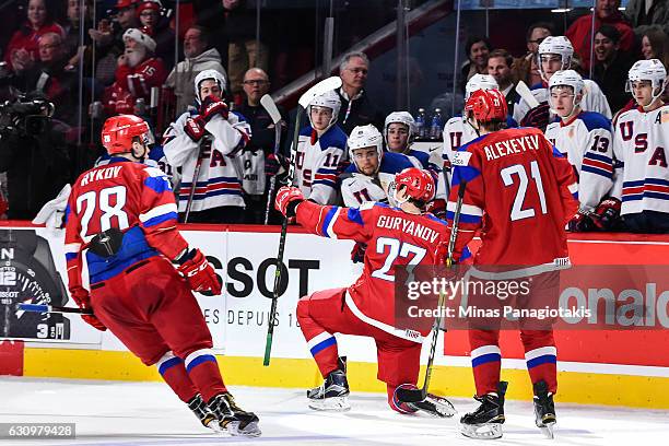 Denis Guryanov of Team Russia celebrates his goal during the 2017 IIHF World Junior Championship semifinal game against Team United States at the...