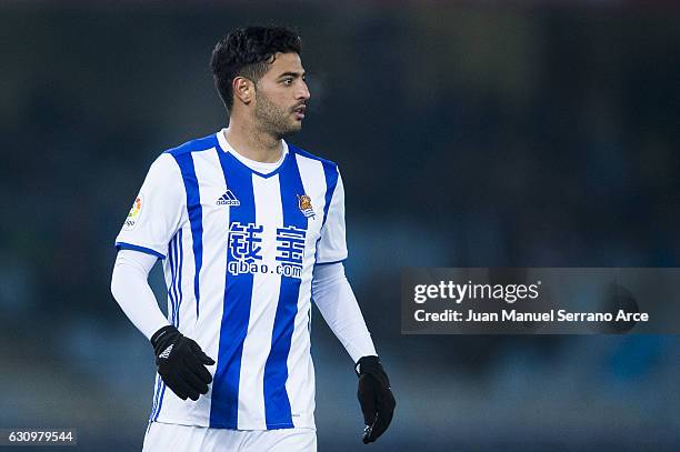 Carlos Vela of Real Sociedad reacts during the Copa del Rey Round of 16 first leg match between Real Sociedad de Futbol and Villarreal CF at Estadio...