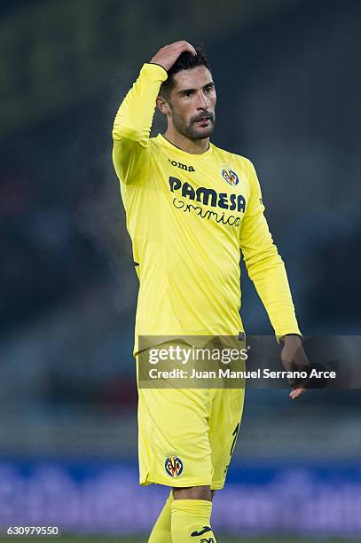 Alvaro Gonzalez of Villarreal CF reacts during the Copa del Rey Round of 16 first leg match between Real Sociedad de Futbol and Villarreal CF at...