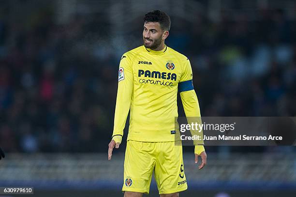 Mateo Musacchio of Villarreal CF reacts during the Copa del Rey Round of 16 first leg match between Real Sociedad de Futbol and Villarreal CF at...