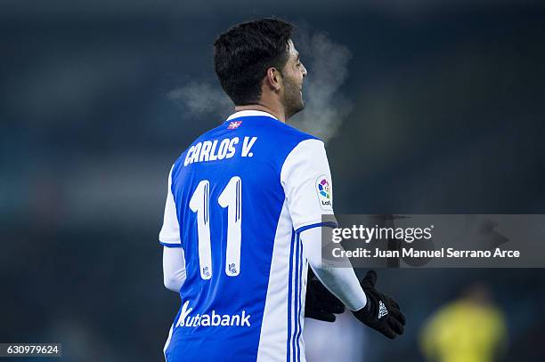 Carlos Vela of Real Sociedad reacts during the Copa del Rey Round of 16 first leg match between Real Sociedad de Futbol and Villarreal CF at Estadio...