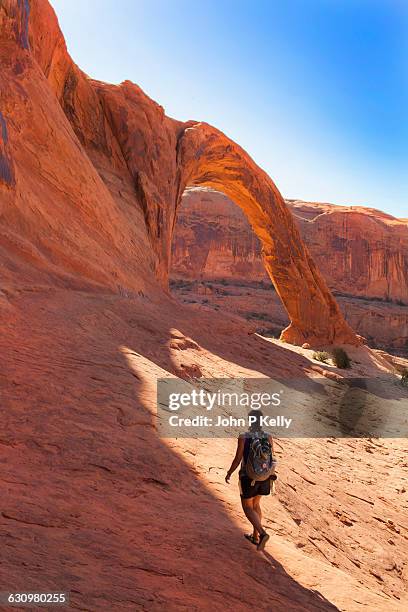 stockillustraties, clipart, cartoons en iconen met young woman hiking alone towards arch formation - arid climate