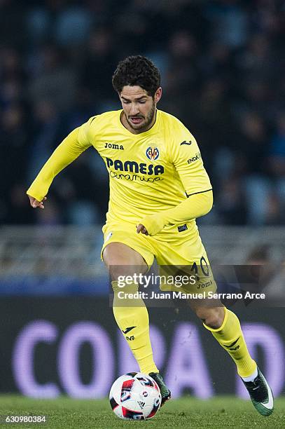 Alexandre Rodrigues 'Pato' of Villarreal CF controls the ball during the Copa del Rey Round of 16 first leg match between Real Sociedad de Futbol and...