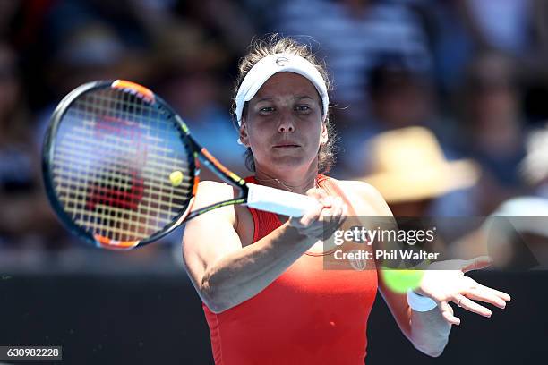 Barbora Strycova of the Czech Republic plays a return against Lauren Davis of the USA during day four of the ASB Classic on January 5, 2017 in...