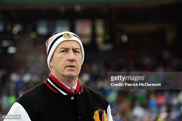 Assistant Coach Kevin Dineen of the Chicago Blackhawks looks on during the 2017 Bridgestone NHL Winter Classic at Busch Stadium on January 2, 2017 in...