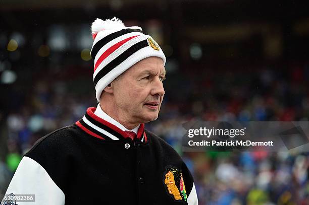 Assistant Coach Mike Kitchen of the Chicago Blackhawks looks on during the 2017 Bridgestone NHL Winter Classic at Busch Stadium on January 2, 2017 in...
