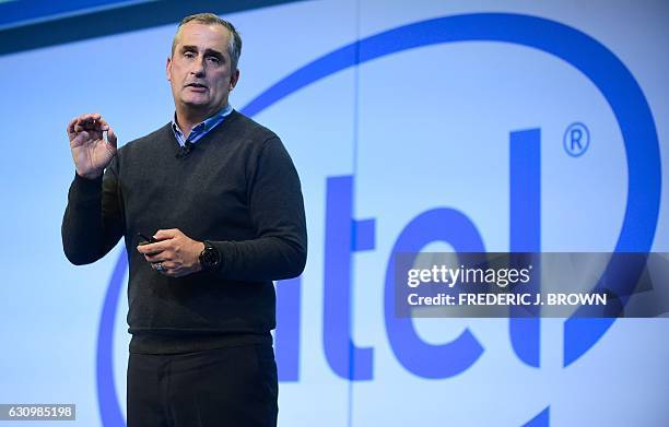 Intel CEO Brian Krzanich speaks at the Intel press conference where attendees got to sample Virtual Reality at the 2017 Consumer Electronics Show in...