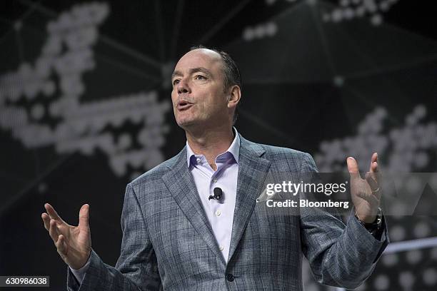 Tim Baxter, senior vice president at Samsung Electronics Co., speaks during the company's press event at the 2017 Consumer Electronics Show in Las...